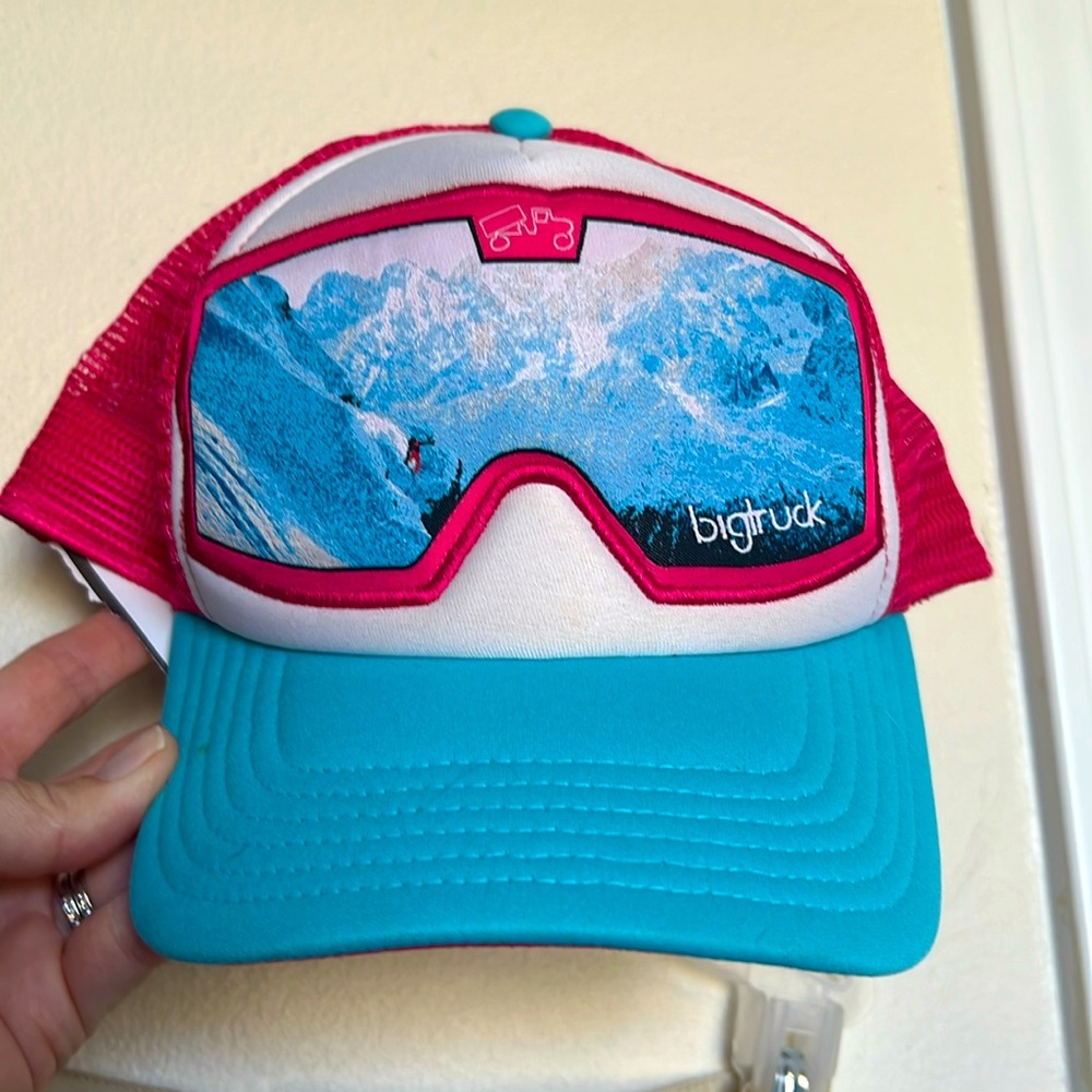 Bigtruck Tahoe goggles snowy mountain ski trucker hat, pink teal white
